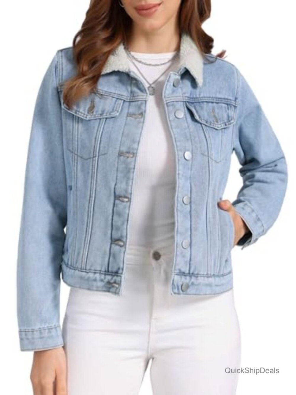 Warm Fleece Lined Faux Fur Denim Short Trucker Jacket Winter Outerwear